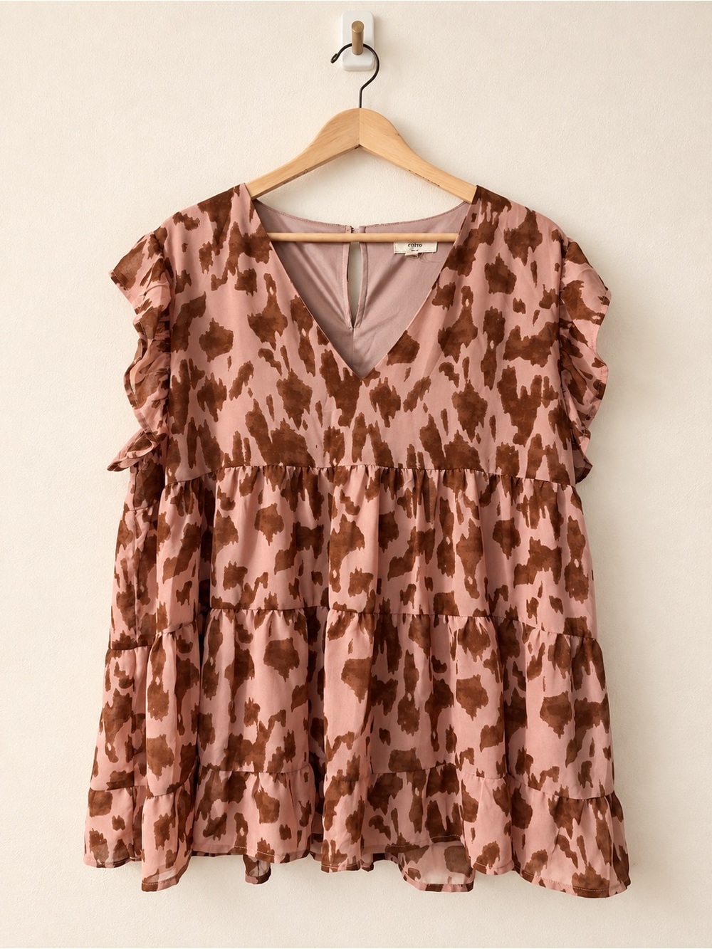 Entro XL Pink Brown Animal Print Tiered Ruffle Sleeve Babydoll Top